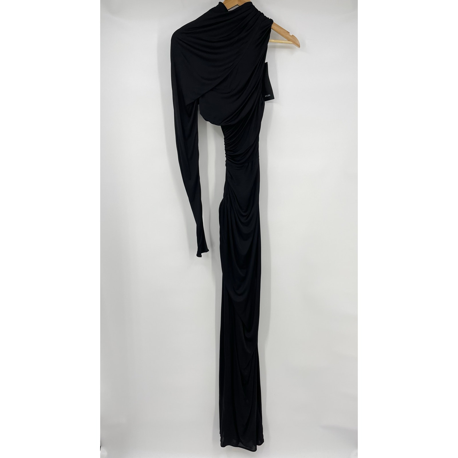 Atlein | Nwt One Sleeve Asymmetric Cut Out Ruched Jersey Gown Black Fr34 Xs — image 3 of 8